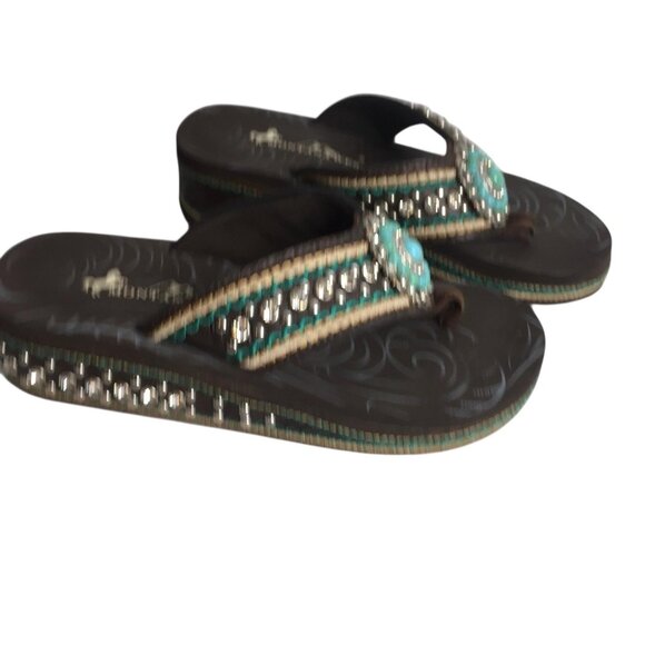 Montana West Sandals Womens Size 7 Brown Turquoise Wedge Flip Flop Rhinestone - Picture 6 of 11